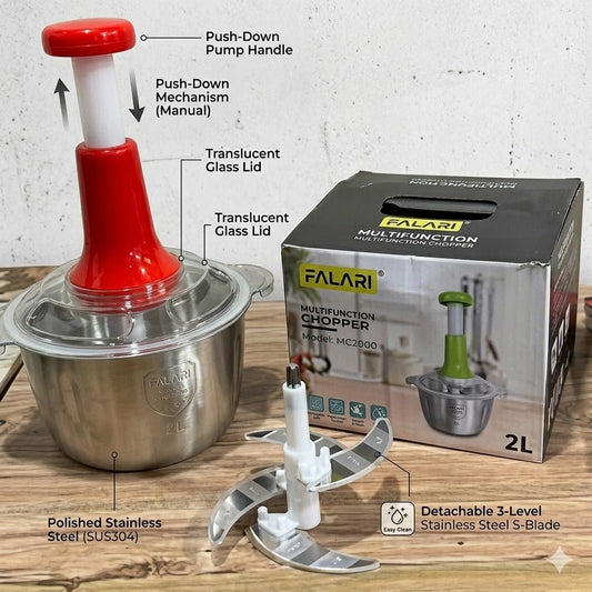 Large 2L Bowl Effortless Vegetable Chopper & Meat Mincer – Manual Hand-Press Food Processor for Fruits, Herbs, Garlic, and Onions (Random Color) - SlyCart