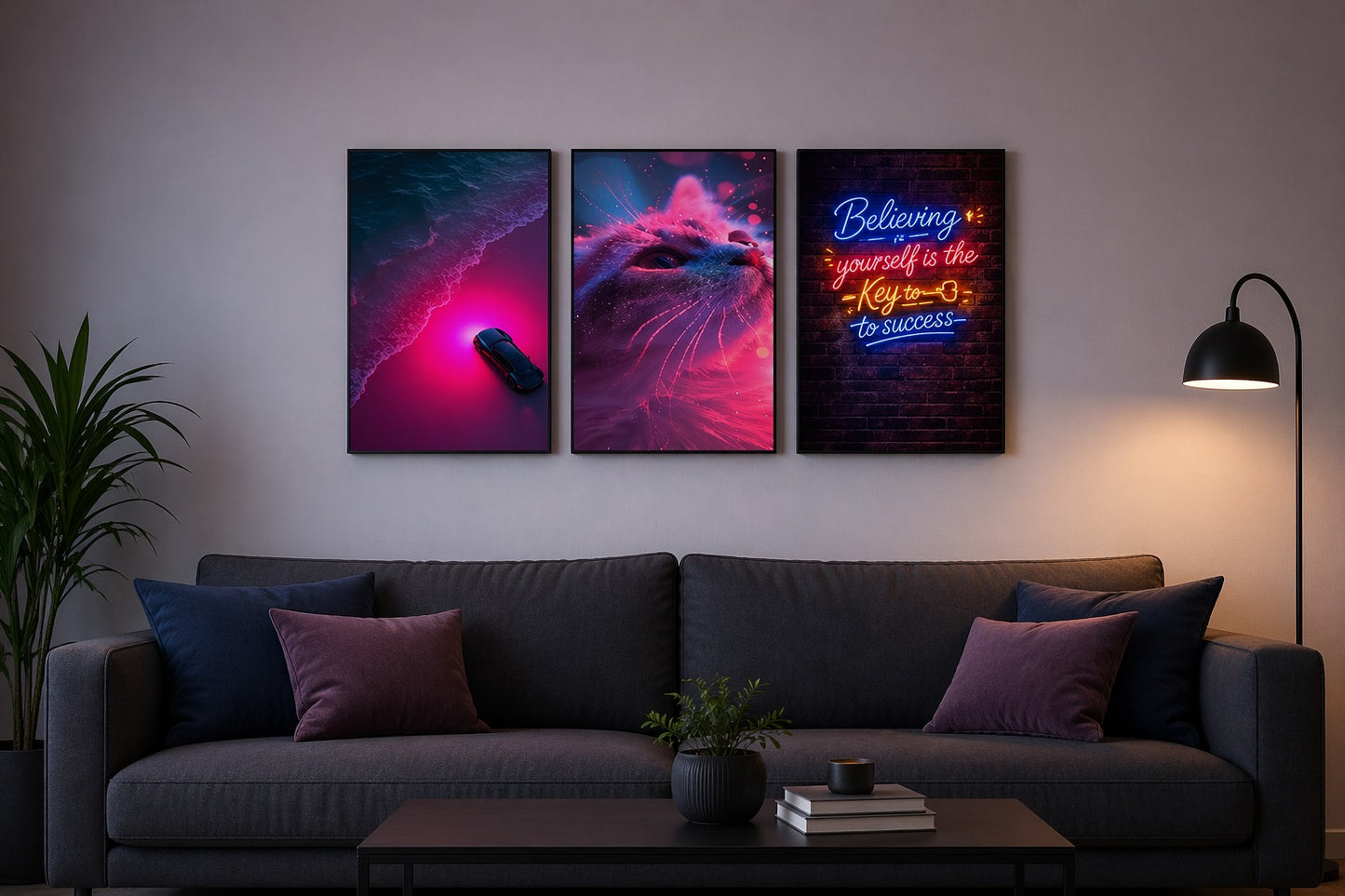 Neon Aesthetic Cat and Coastal Car Wooden Wall Art Frame Set | 3-Piece Motivational Success Sticky Tiles | Modern Night Glow Wall Gallery | 8x11 Inch