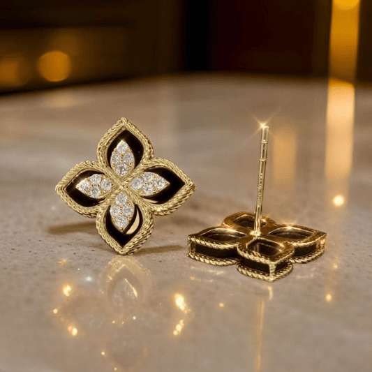 Black and Gold Floral Earrings – Sparkling Four-Leaf Studs with Cubic Zirconia (PJT-991) - SlyCart