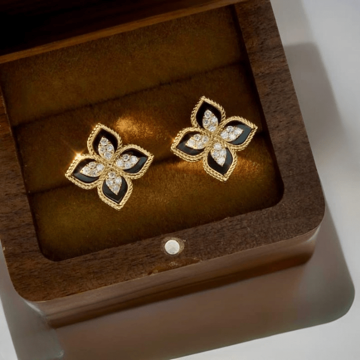 Black and Gold Floral Earrings – Sparkling Four-Leaf Studs with Cubic Zirconia (PJT-991) - SlyCart