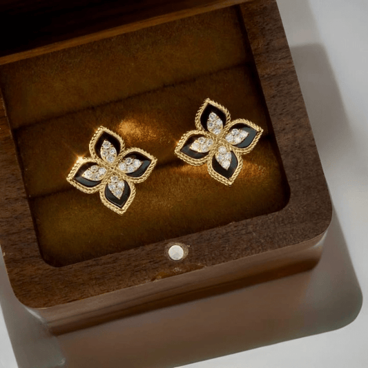 Black and Gold Floral Earrings – Sparkling Four-Leaf Studs with Cubic Zirconia (PJT-991) - SlyCart