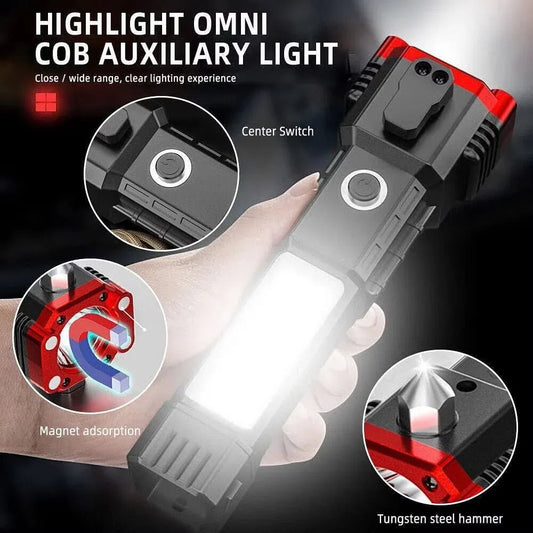 High Power LED Rechargeable Torch | Tactical Flashlight with Power Bank & Safety Hammer - SlyCart