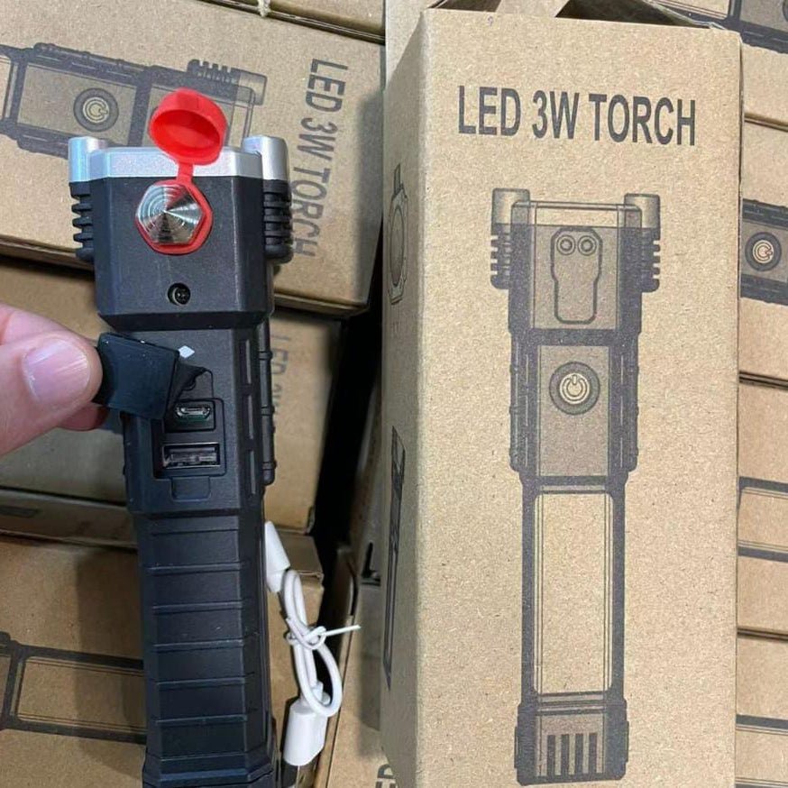 High Power LED Rechargeable Torch | Tactical Flashlight with Power Bank & Safety Hammer - SlyCart