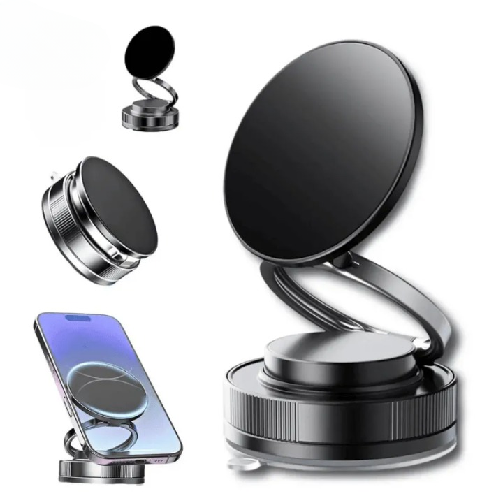 360° Folding Magnetic Phone Holder with Vacuum Suction | Strong Dashboard & Windshield Car Mount | Adjustable Mobile & Desk Stand