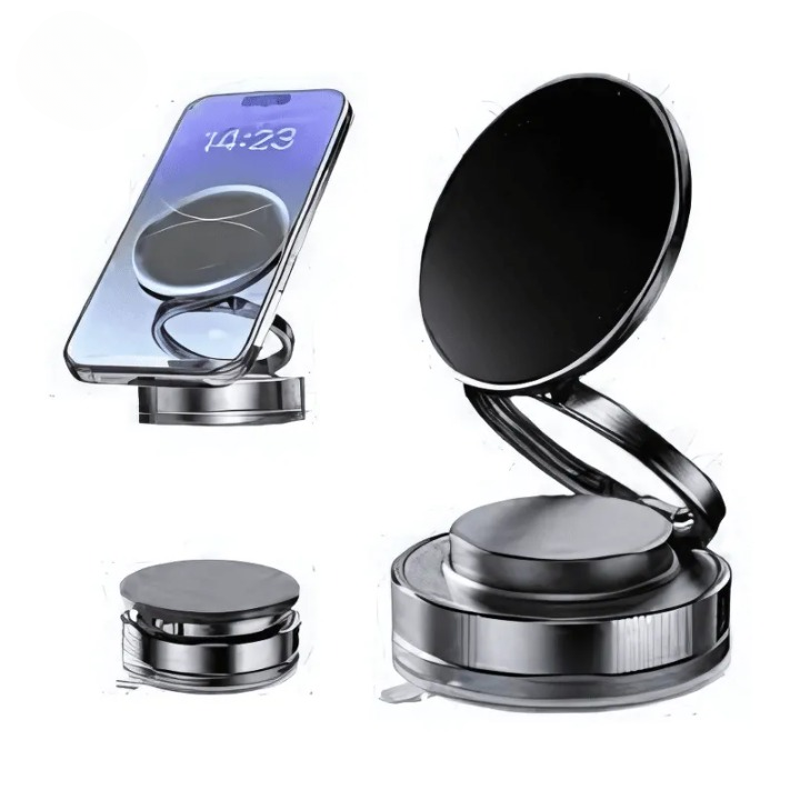 360° Folding Magnetic Phone Holder with Vacuum Suction | Strong Dashboard & Windshield Car Mount | Adjustable Mobile & Desk Stand