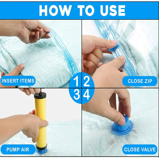 Vacuum Storage Bags Set (5 Bags + 1 Hand Pump) – Reusable Space Saver Compression Bags for Clothes, Bedding & Travel