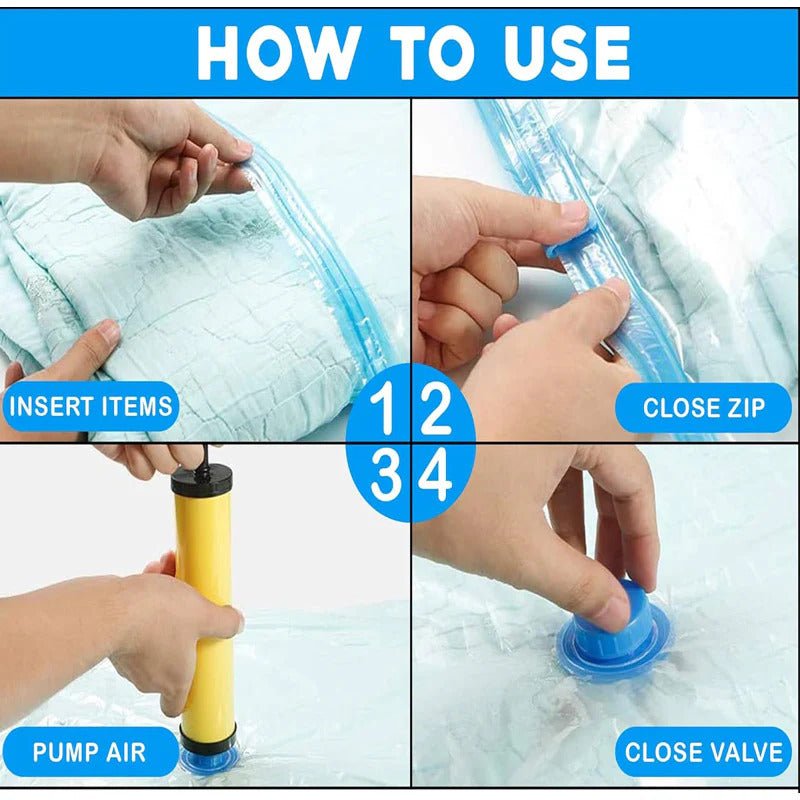 Vacuum Storage Bags Set (5 Bags + 1 Hand Pump) – Reusable Space Saver Compression Bags for Clothes, Bedding & Travel - SlyCart