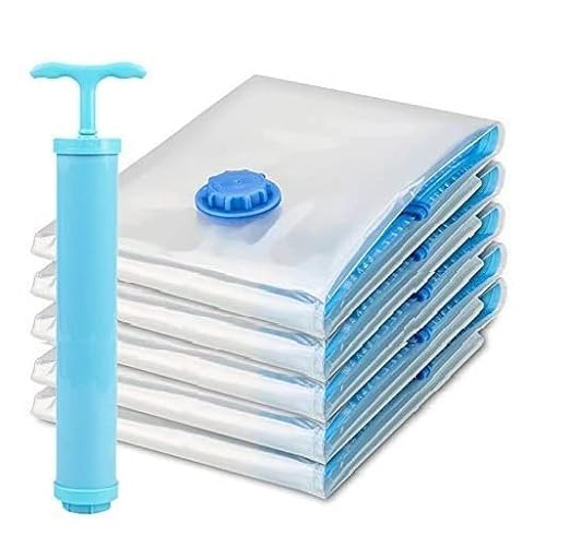 Vacuum Storage Bags Set (5 Bags + 1 Hand Pump) – Reusable Space Saver Compression Bags for Clothes, Bedding & Travel - SlyCart