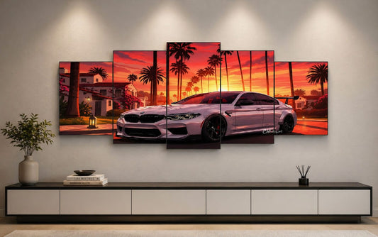 Sports Car Sunset 5-Piece Wall Art Set – 40x16 Inch Wooden Sticky Tiles Ready Size