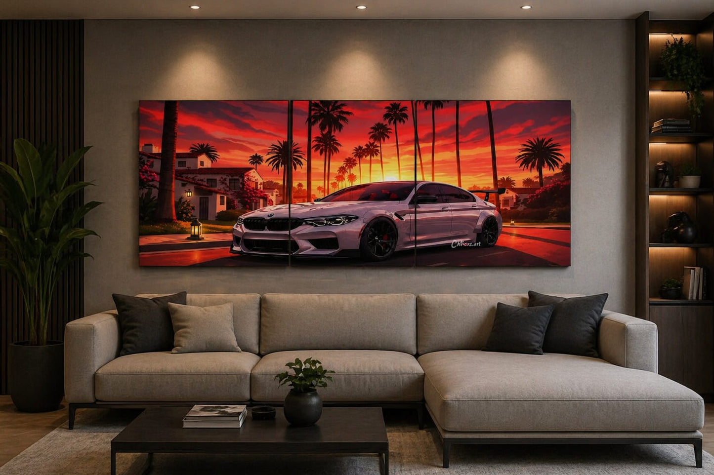 Sports Car Sunset 3-Piece Wall Art Set – 24x11 Inch Wooden Sticky Tiles Ready Size