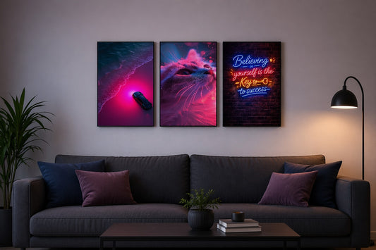 Neon Aesthetic Cat and Coastal Car Wooden Wall Art Frame Set | 3-Piece Motivational Success Sticky Tiles | Modern Night Glow Wall Gallery | 8x11 Inch
